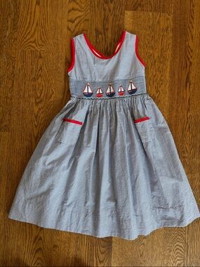Navy & White Striped Girls' Dress with Red Trim and Sailboat Embroidery